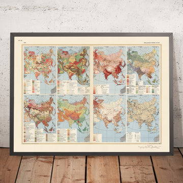 Old Infographic Map of Asia, 1967: Geology, Population Density, Communications, Ethnography, Agriculture
