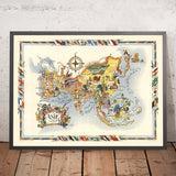Vecchia mappa pittorica dell'Asia di Liozu, 1951: Confini del dopoguerra, illustrazioni culturali 