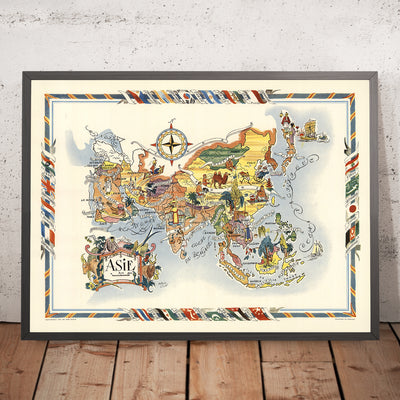 Old Pictorial Map of Asia by Liozu, 1951: Post-WWII Boundaries, Cultural Illustrations