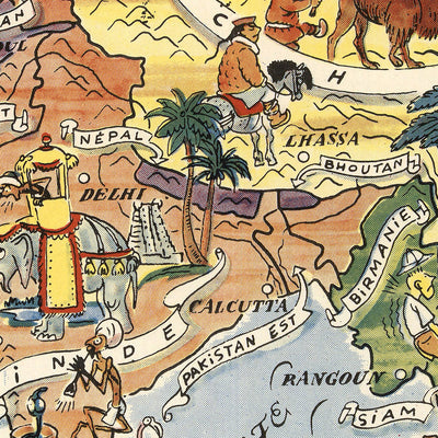 Old Pictorial Map of Asia by Liozu, 1951: Post-WWII Boundaries, Cultural Illustrations