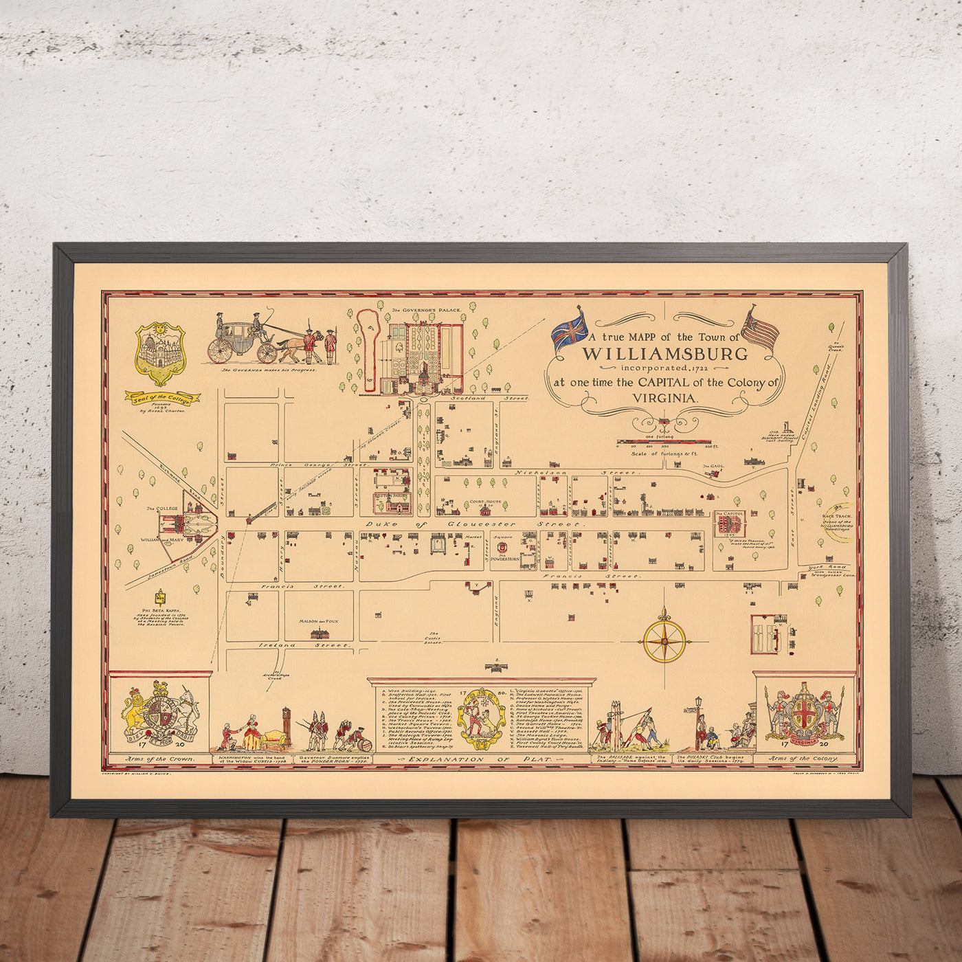 Old Historical Map of Williamsburg, VA in 1722 by Patterson: Governor's Palace, College, Capitol, Gaol, Tavern