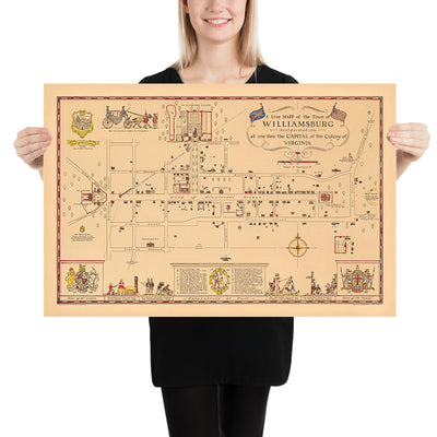 Old Historical Map of Williamsburg, VA in 1722 by Patterson: Governor's Palace, College, Capitol, Gaol, Tavern