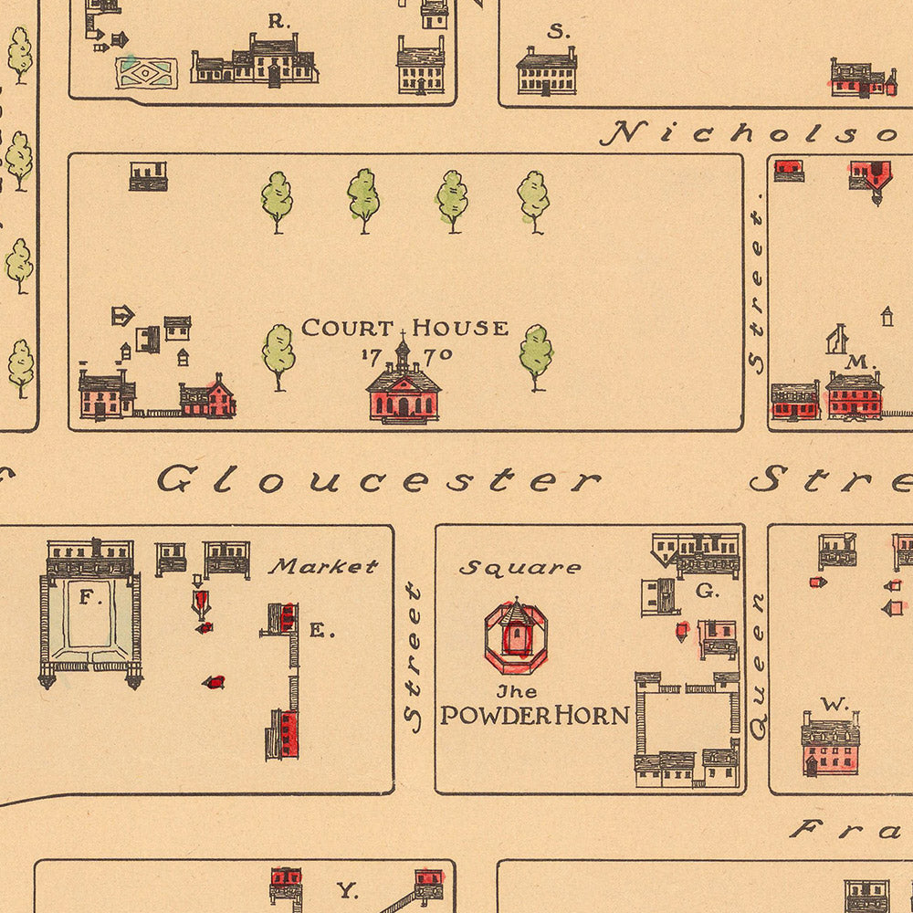 Ancienne carte illustrée de Williamsburg par Patterson, 1940 : palais du gouverneur, collège, capitole, prison, taverne