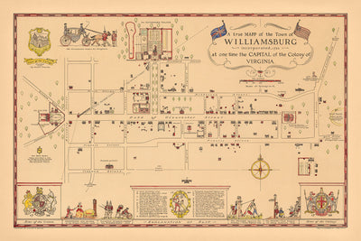 Ancienne carte illustrée de Williamsburg par Patterson, 1940 : palais du gouverneur, collège, capitole, prison, taverne