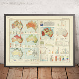 Alte Infografik-Karte von Australien, 1967: Landwirtschaft, Geologie, Beschäftigung, Klima, Grundwasser, Außenhandel 
