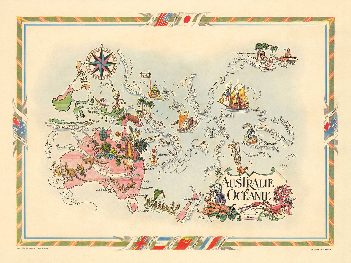 Old Pictorial Map of Australia & Oceania by Liozu, 1951: New Zealand, Fiji, Papua New Guinea, Hawaii, Pacific Islands