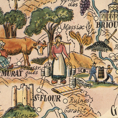 Old Pictorial Map of Auvergne by Liozu, 1951: Clermont-Ferrand, Puy de Dôme, Vichy, Mont Dore, Castles