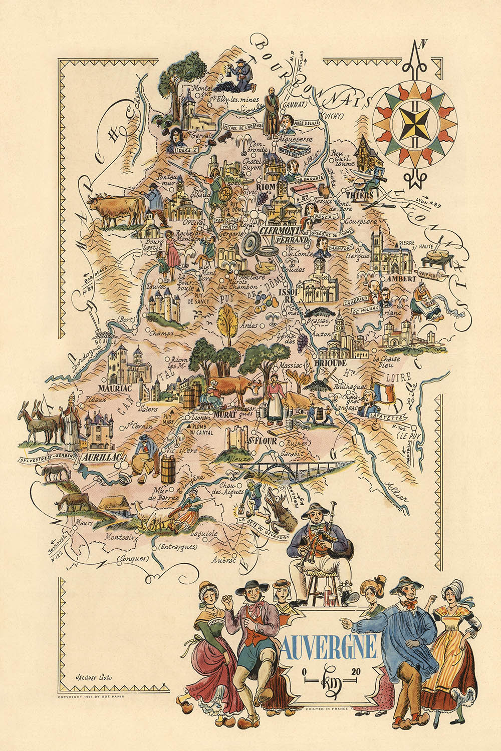 Ancienne carte picturale de l'Auvergne par Liozu, 1951 : Clermont-Ferrand, Puy de Dôme, Vichy, Mont Dore, Châteaux