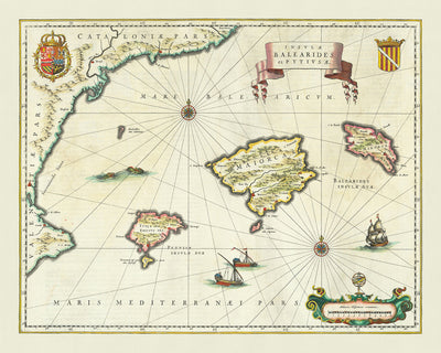 Ancienne carte des îles Baléares, 1640 : Majorque, Minorque, Ibiza, littoral catalan, monstres marins