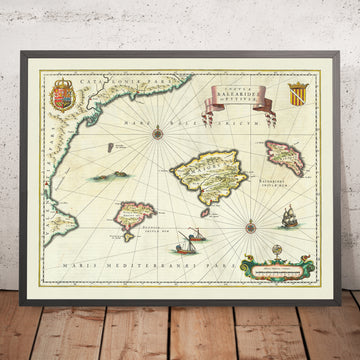 Mapa antiguo de las Islas Baleares, 1640: Mallorca, Menorca, Ibiza, costa catalana, monstruos marinos 
