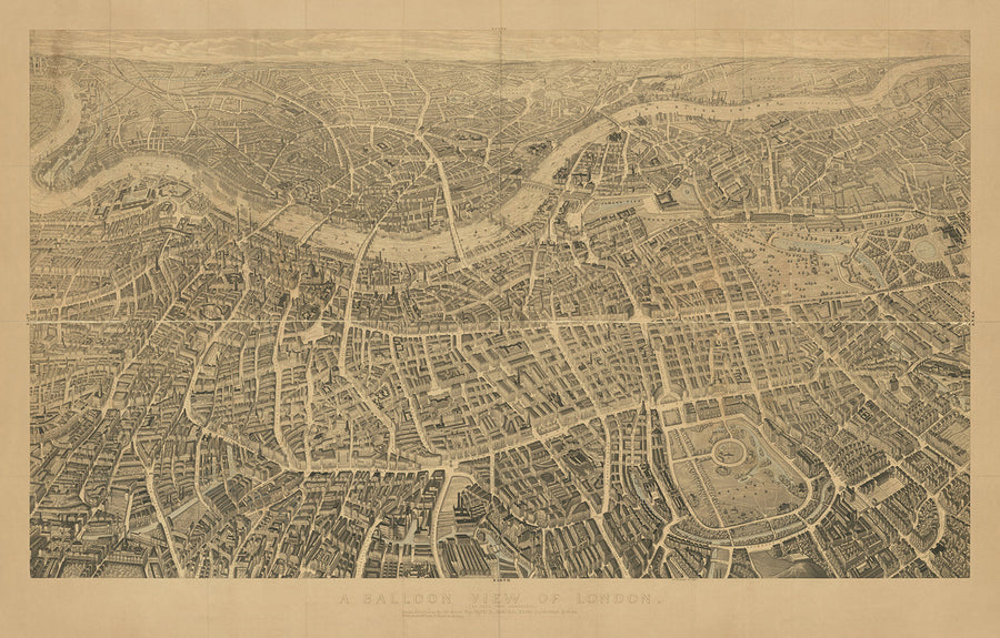 Vecchia mappa pittorica di Londra di Henry Banks, 1851: "Una vista in pallone" di Buckingham Palace, St Paul, il Parlamento, Hyde Park, ecc. 