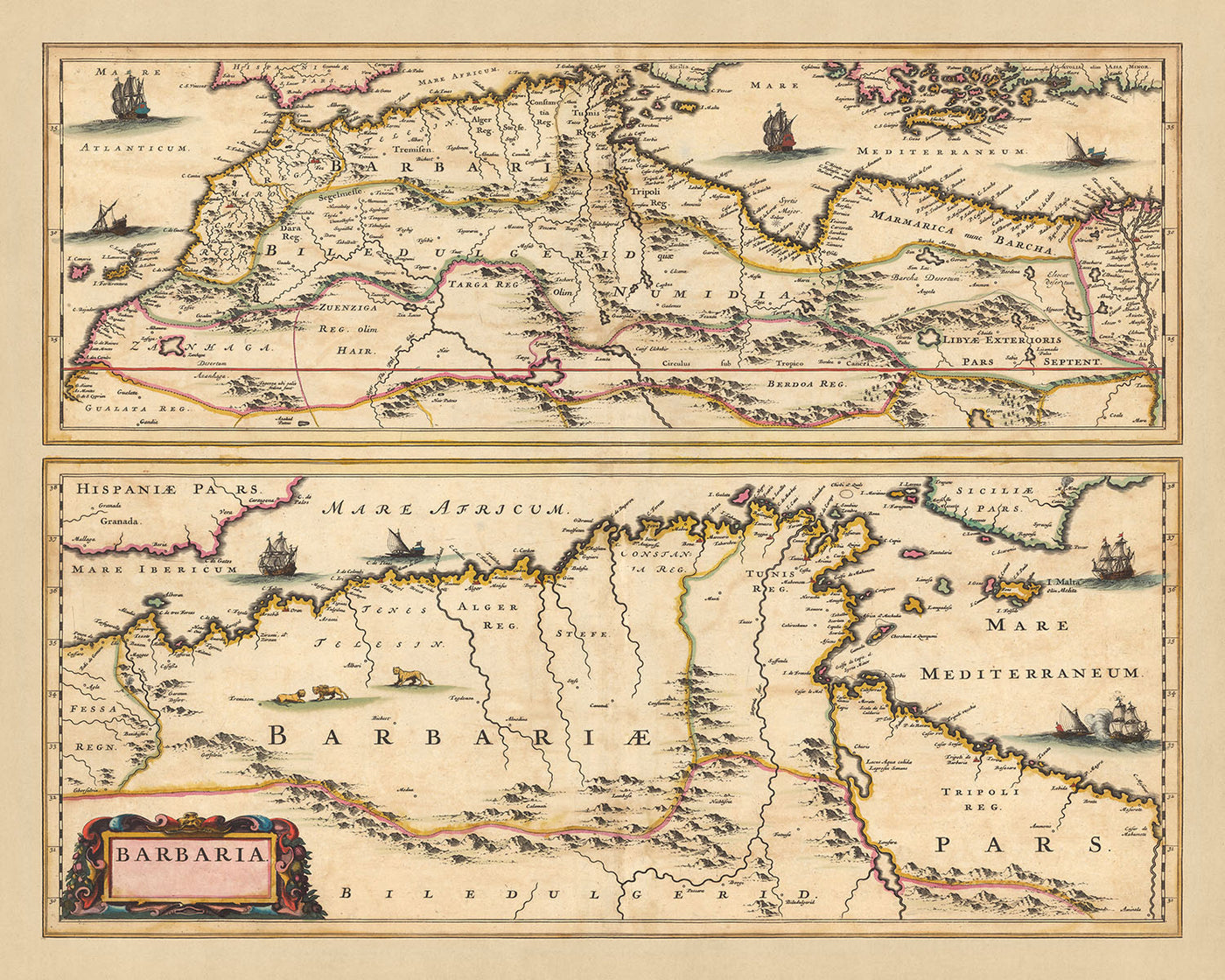 Antiguo mapa de Berbería por Visscher, 1690: Argel, Túnez, El Cairo, Islas Canarias, Desierto del Sahara