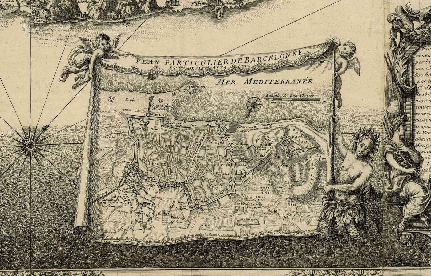 Alte Vogelperspektivenkarte der Belagerung von Barcelona durch Beaulieu, 1697: Montjuïc, Seestreitkräfte, französische Lager.