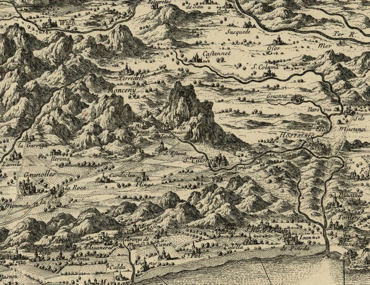 Antiguo mapa a vista de pájaro del asedio de Barcelona por Beaulieu, 1697: Montjuïc, fuerzas navales, campamentos franceses.