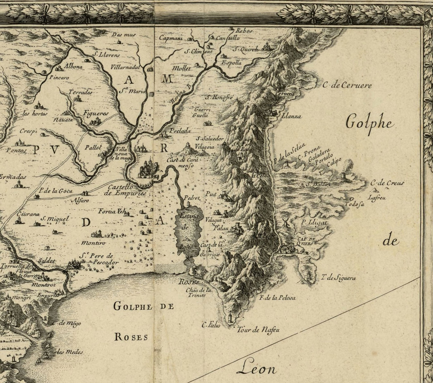 Antiguo mapa a vista de pájaro del asedio de Barcelona por Beaulieu, 1697: Montjuïc, fuerzas navales, campamentos franceses.