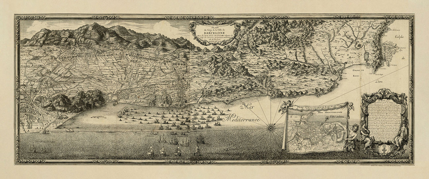 Alte Vogelperspektivenkarte der Belagerung von Barcelona durch Beaulieu, 1697: Montjuïc, Seestreitkräfte, französische Lager.