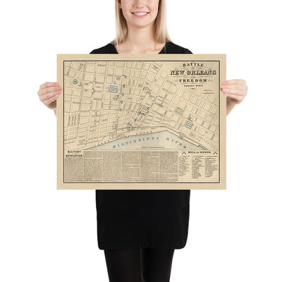 Mapa militar antiguo de Nueva Orleans, realizado por Hardee en 1874: Jackson Square, Custom House, State House, Lafayette Square y el río Mississippi