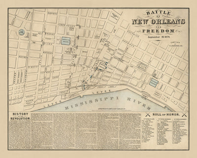 Alte Militärkarte von New Orleans von Hardee, 1874: Jackson Square, Zollhaus, State House, Lafayette Square, Mississippi River