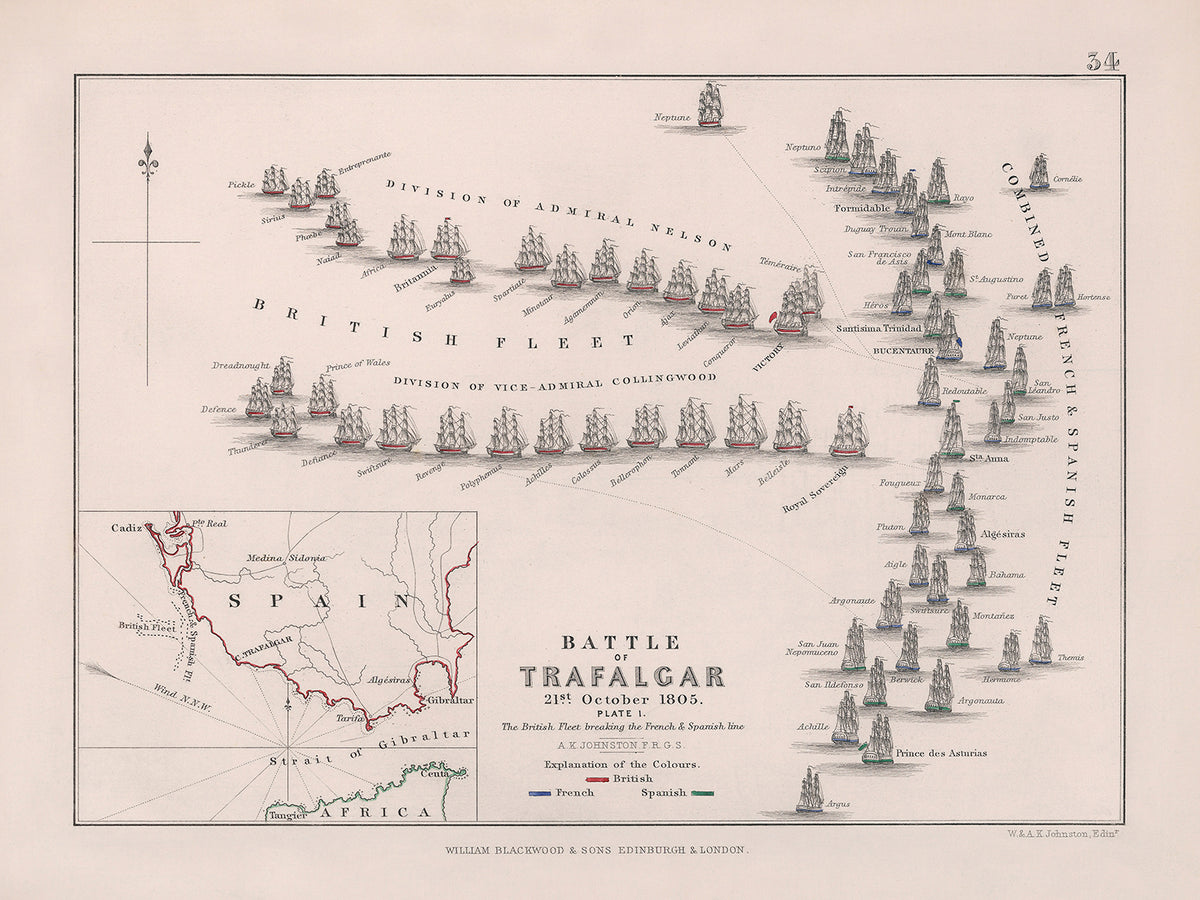 Battle of Trafalgar, The British Fleet breaking the French and Spanish Line: AK Johnston, 1852