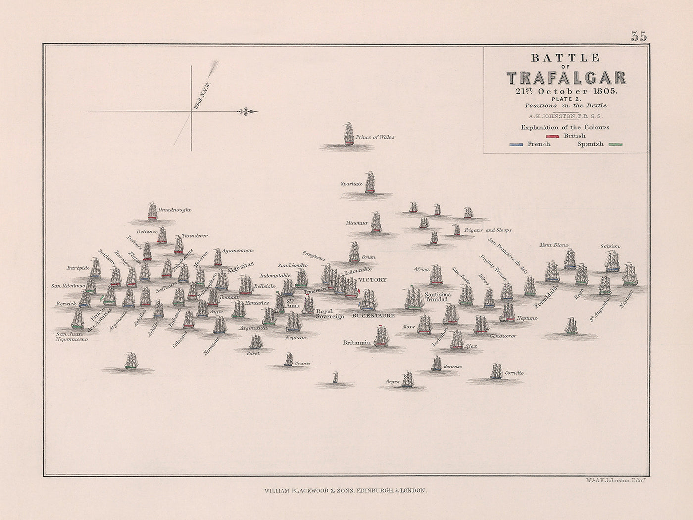 Bataille de Trafalgar : positions dans la bataille par AK Johnston, 1852