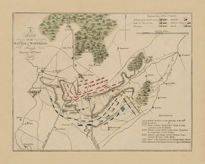 Bataille de Waterloo, 1815 : positions britanniques et françaises au matin par Anonyme, 1815