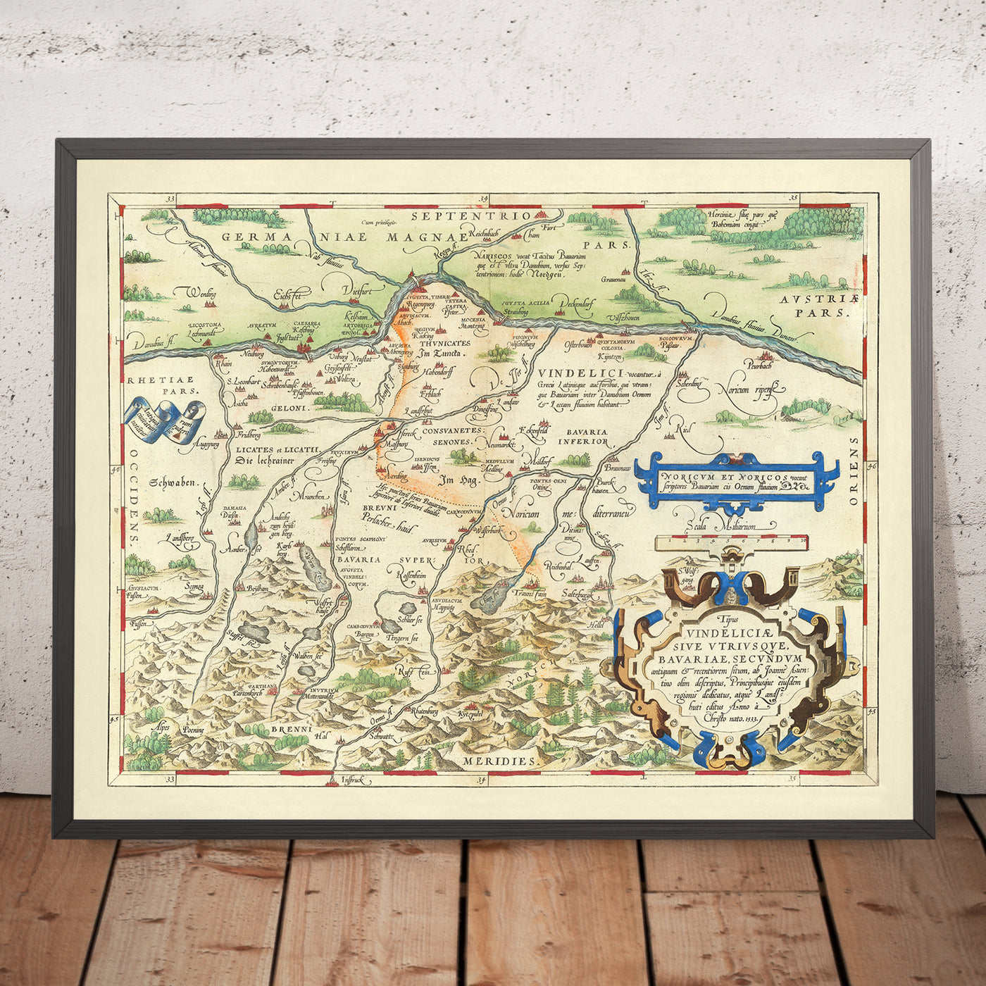 Alte Karte von Bayern von Ortelius, 1570: München, Augsburg, Donau, Berge, Kartuschen