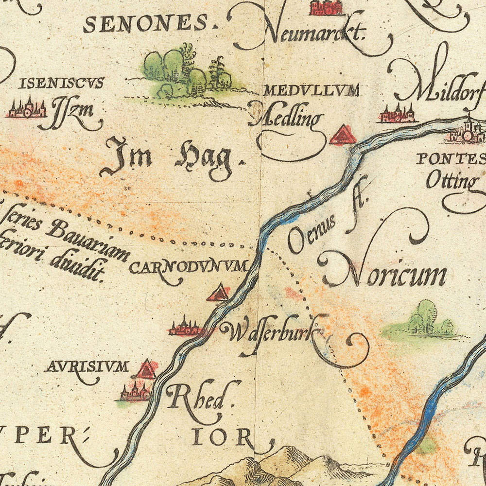 Old Map of Bavaria by Ortelius, 1570: Munich, Augsburg, Danube River