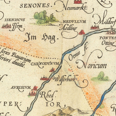 Old Map of Bavaria by Ortelius, 1570: Munich, Augsburg, Danube River