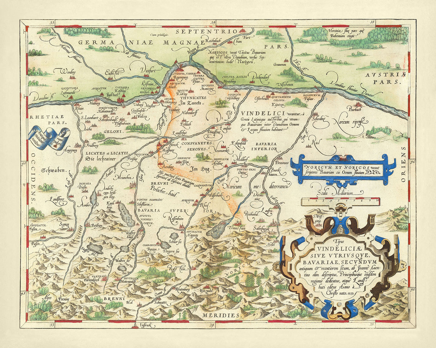 Mapa antiguo de Baviera de Ortelius, 1570: Múnich, Augsburgo, río Danubio, montañas y cartuchos