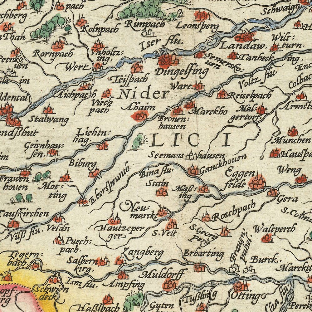 Mapa antiguo de Baviera de Ortelius, 1579: Múnich, Núremberg, río Danubio, Alpes alemanes, cartela decorativa