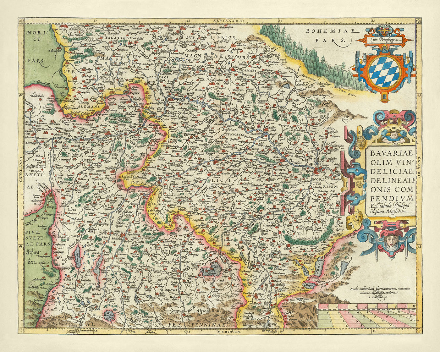 Old Map of Bavaria by Ortelius, 1579: Munich, Nuremberg, Danube River, German Alps