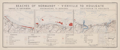 Alte Militärkarte der Normandie von OSS, 1943: Vierville, Arromanches, Ouistreham, D-Day-Planung