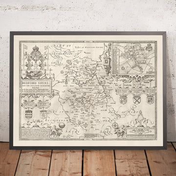 Antiguo mapa de Bedfordshire 1611, John Speed - Bedford, Luton, Dunstable, St Neots, Kempston, Leighton Buzzard