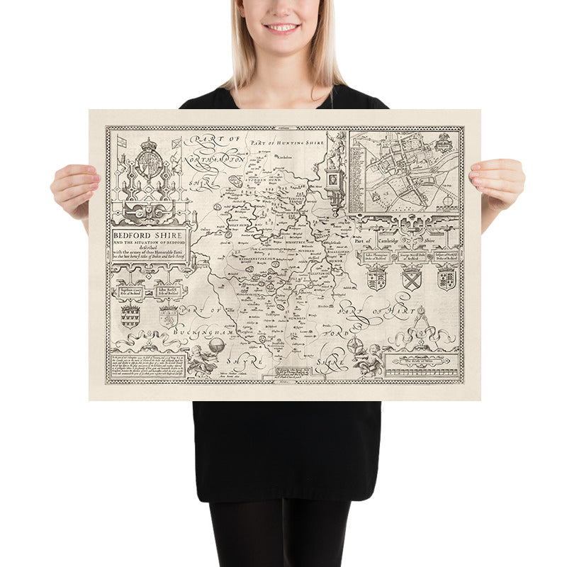 Alte Karte von Bedfordshire 1611, John Speed - Bedford, Luton, Dunstable, St Neots, Kempston, Leighton Buzzard 