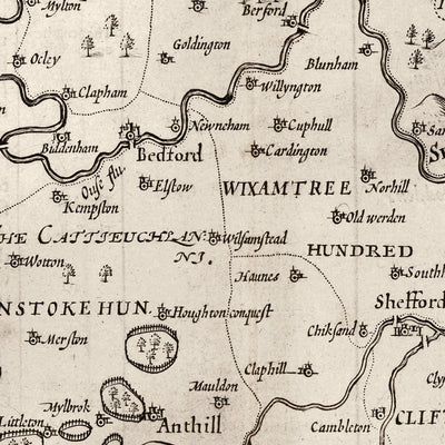 Alte Karte von Bedfordshire 1611, John Speed - Bedford, Luton, Dunstable, St Neots, Kempston, Leighton Buzzard 