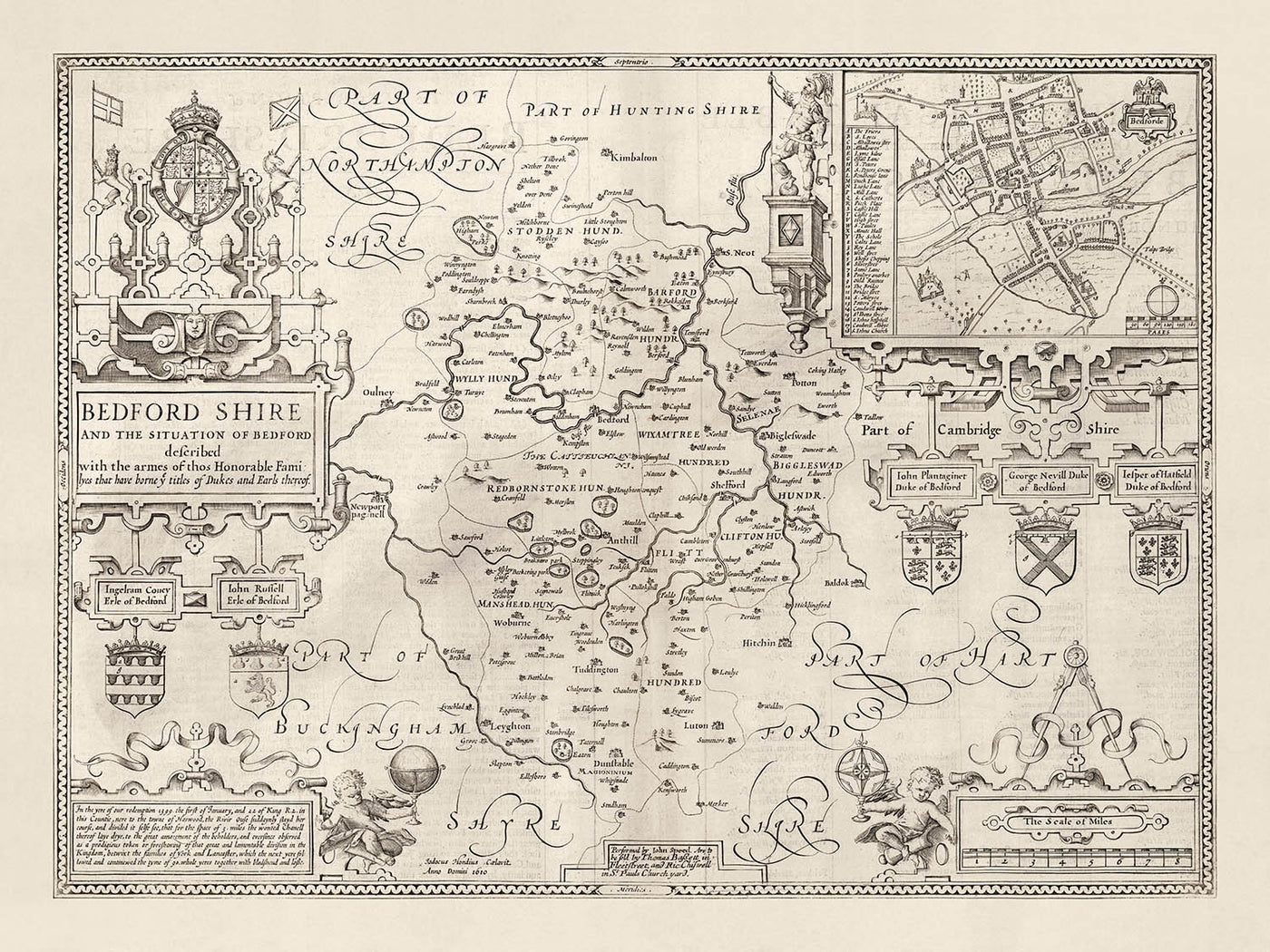 Alte Karte von Bedfordshire 1611, John Speed - Bedford, Luton, Dunstable, St Neots, Kempston, Leighton Buzzard 