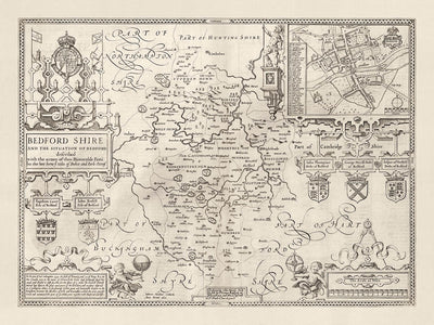 Alte Karte von Bedfordshire 1611, John Speed - Bedford, Luton, Dunstable, St Neots, Kempston, Leighton Buzzard 
