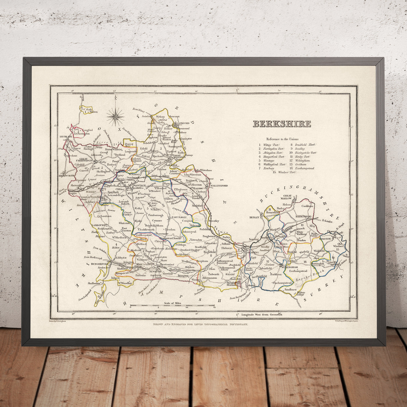 Mapa antiguo de Berkshire de Samuel Lewis, 1844: Reading, Windsor, Newbury, Abingdon y Henley-on-Thames