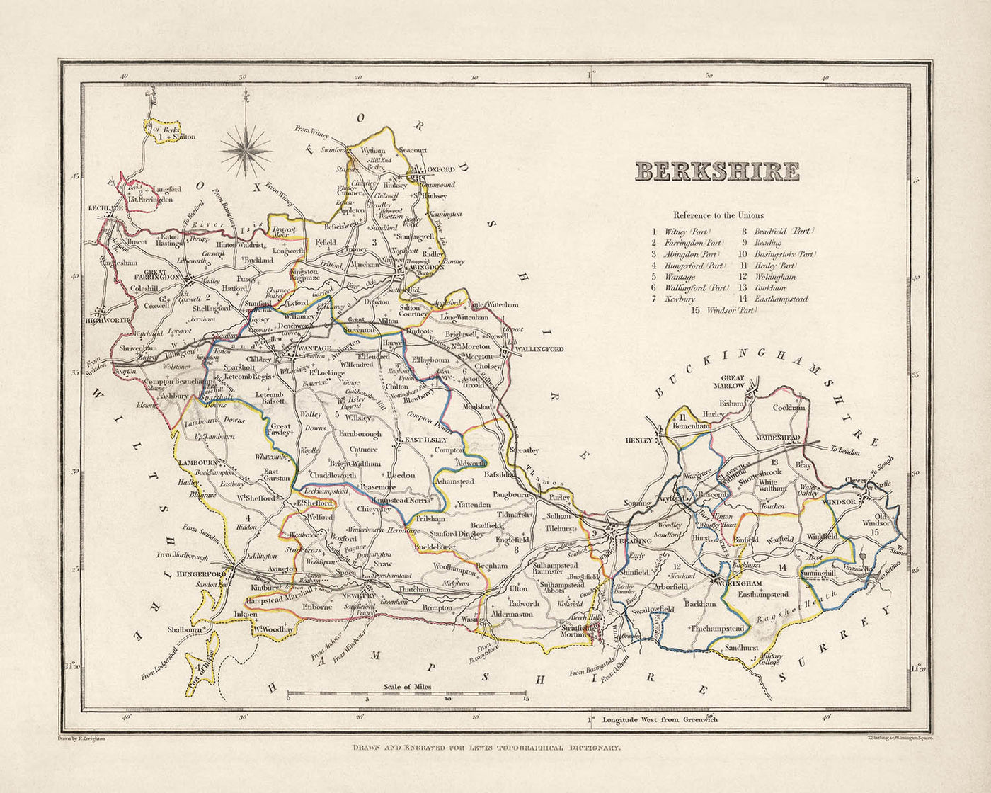 Mapa antiguo de Berkshire de Samuel Lewis, 1844: Reading, Windsor, Newbury, Abingdon y Henley-on-Thames