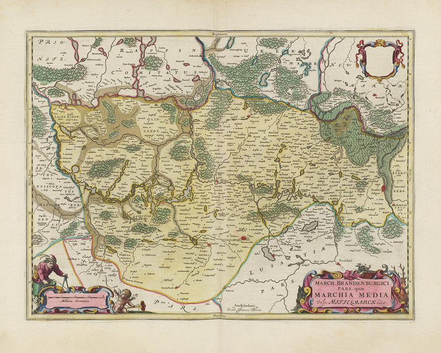 Antica mappa di Berlino-Brandenburg di Joan Blaeu, 1665: Berlino, Potsdam, Cottbus, Francoforte sull&