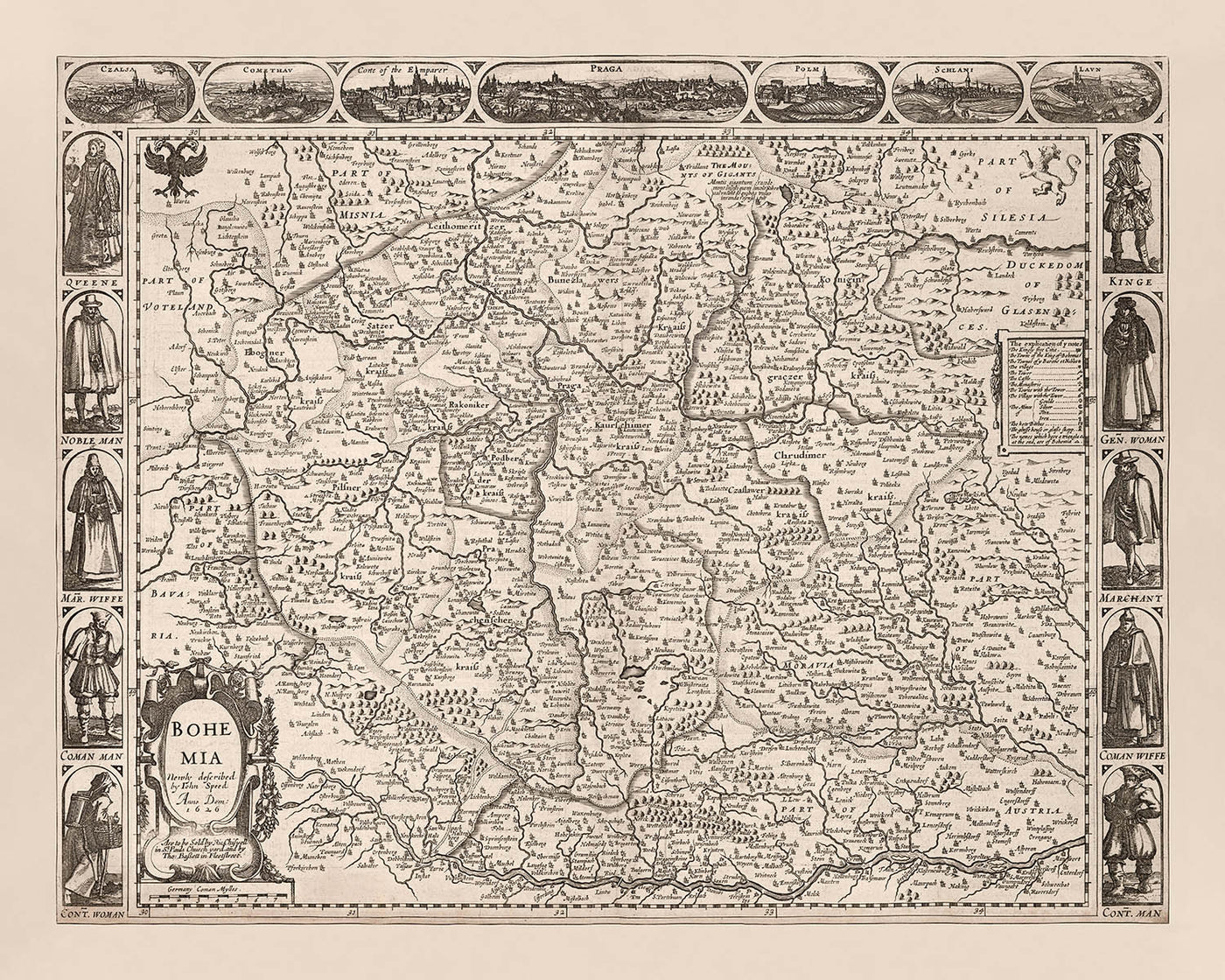 Carte ancienne de la République tchèque par Speed, 1626 : Prague, rivières, montagnes, frontières, illustrations