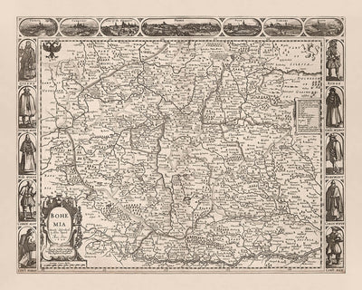 Carte ancienne de la République tchèque par Speed, 1626 : Prague, rivières, montagnes, frontières, illustrations