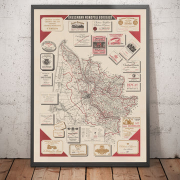 Alte Weinkarte von Bordeaux im Jahr 1948 - Garonne, Pessac, Blanquefort, Carbon-Blanc, Libourne 