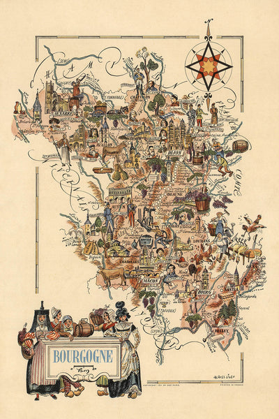 Old Pictorial Map of Burgundy (Bourgogne) by Liozu, 1951: Dijon, Beaune, Vineyards, Wine