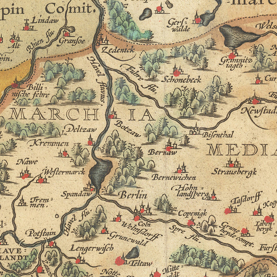 Antica mappa di Brandeburgo di Ortelius, 1598: Berlino, fiume Albis, fiume Oder, Marchia Media, design ornato 