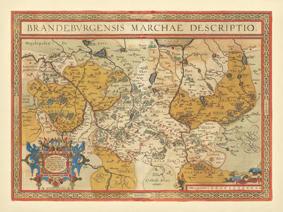 Alte Karte von Brandenburg von Ortelius, 1598: Berlin, Albis, Oder, Marchia Media, kunstvolles Design