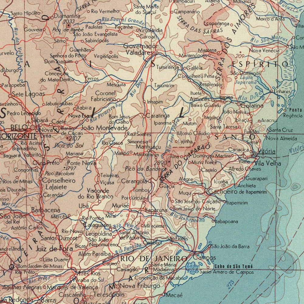 Mapa antiguo de Brasil realizado por el Servicio de Topografía del Ejército Polaco, 1967: São Paulo, Río de Janeiro, Brasilia, Río Amazonas, Pantanal