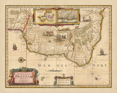 Mapa antiguo de Brasil de Visscher, 1690: Río de Janeiro, São Paulo, Salvador, São Luís, Natal