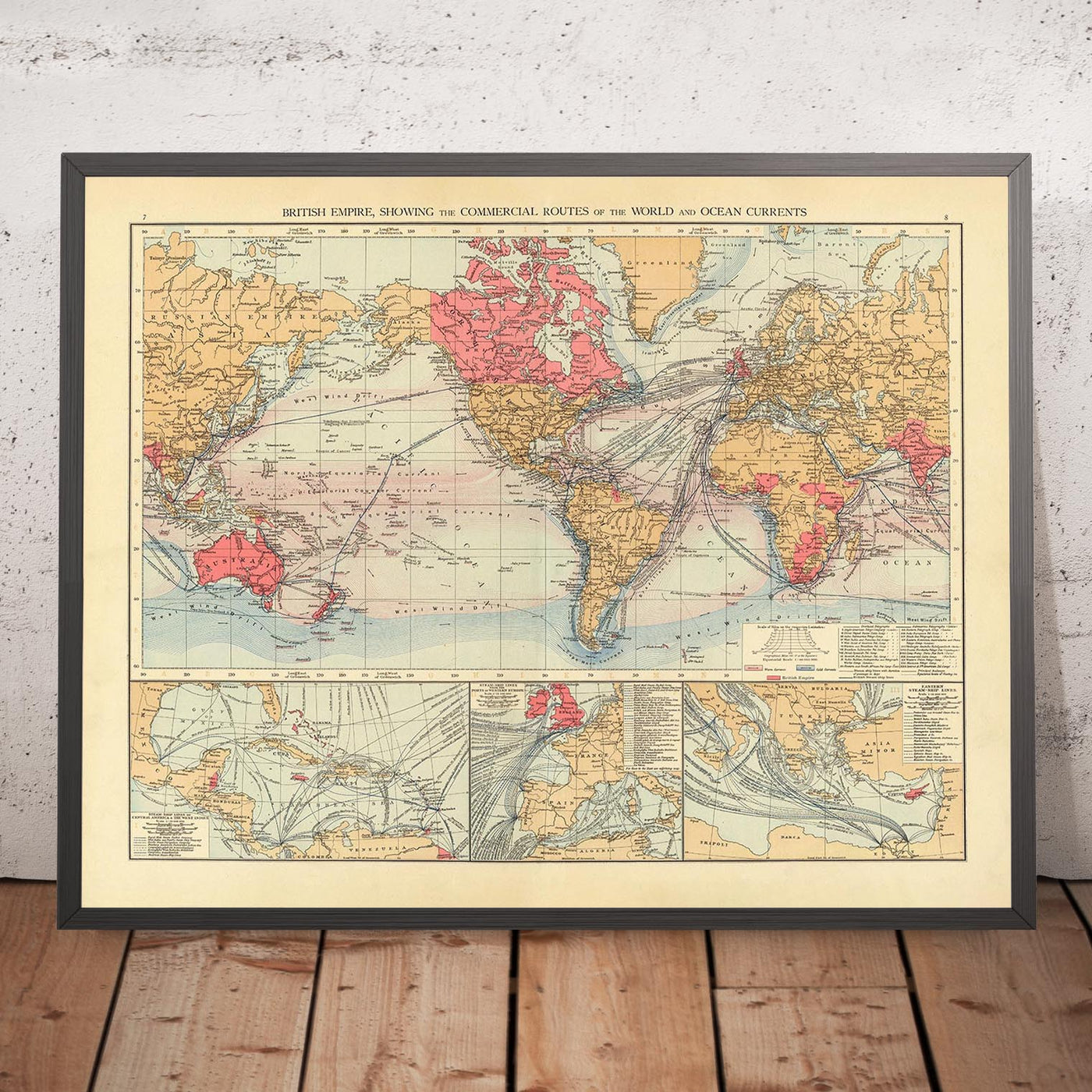 Alte Weltkarte der Handelsrouten des Britischen Empire von The Times aus dem Jahr 1895 – Die Britischen Inseln, Kanada, Indien, Australien, Neuseeland
