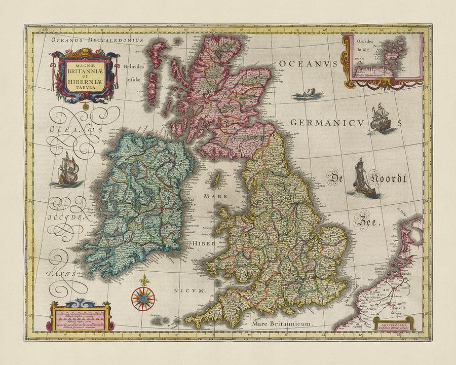 Mappa antica della contea delle Isole Britanniche di Blaeu, 1665: contee e città inglesi, gallesi, scozzesi e irlandesi 
